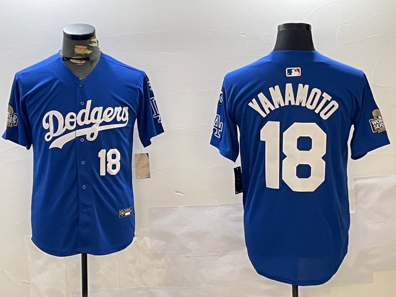 Men Los Angeles Dodgers 18 Yamamoto 2024 World series patch blue jersey 20241120163